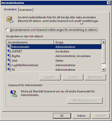 Bild av GUI för netplwiz, automatisk inloggning