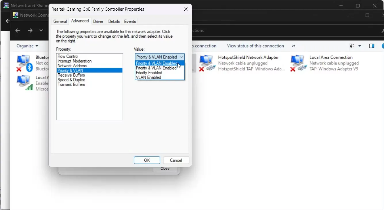 Image of Priority VLAN disabled for Wi-Fi and Ethernet connections simultaneously